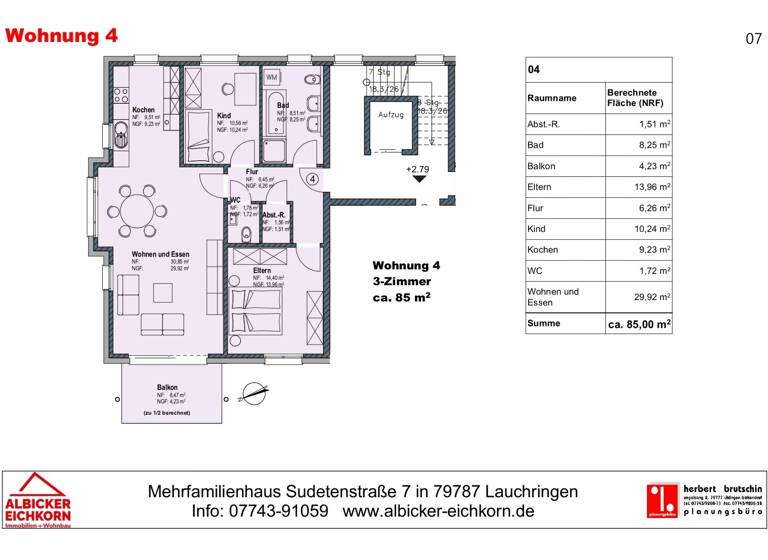 Wohnung zum Kauf provisionsfrei 382.800 € 3 Zimmer 85 m²<br/>Wohnfläche 1.<br/>Geschoss Sudetenstraße 7 Unterlauchringen Unterlauchringen 79787