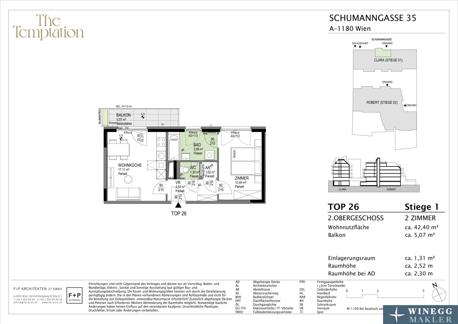 Wohnung zum Kauf 343.800 € 2 Zimmer 42,4 m²<br/>Wohnfläche 2.<br/>Geschoss Schumanngasse 35 Wien 1180