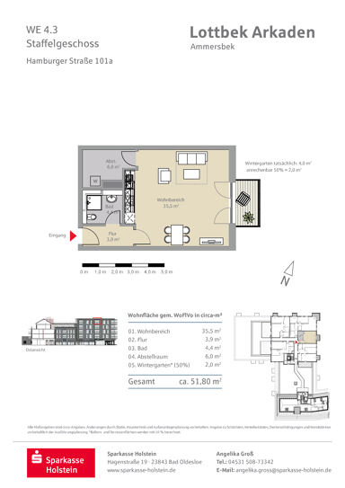 Wohnung zur Miete 839 € 1 Zimmer 51,8 m² Hamburger Straße 101 Lottbek Ammersbek 22949