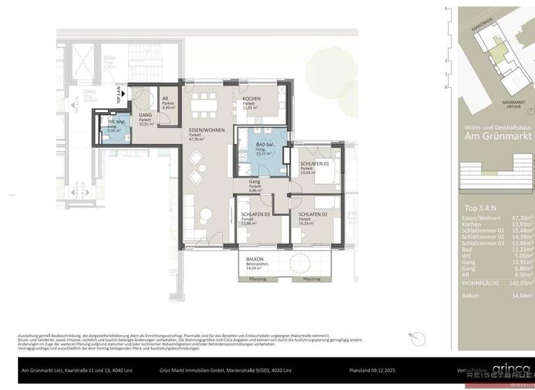 Wohnung zum Kauf - Erstbezug 995.000 € 5,5 Zimmer 140 m² 3. Geschoss Kaarstraße 11 und 13 Urfahr Linz 4040