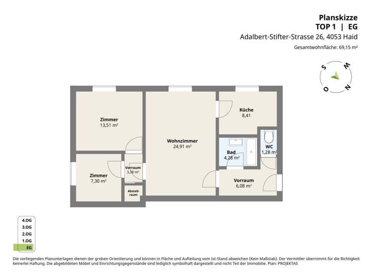 Wohnung zur Miete 509 € 3 Zimmer 69,2 m² EG Adalbert-Stifter-Straße 26 Haid 4053