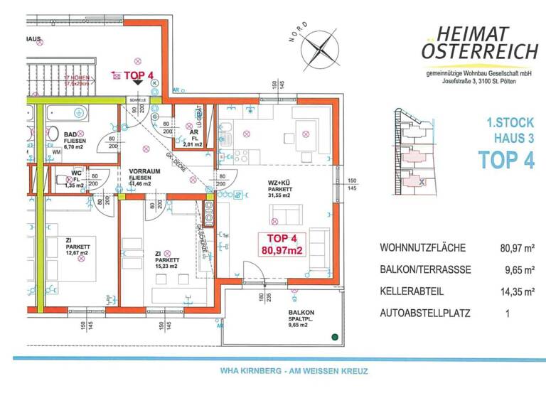 Wohnung zur Miete 761 € 3 Zimmer 81,2 m² 1. Geschoss Am Weißen Kreuz Kirnberg an der Mank 3241