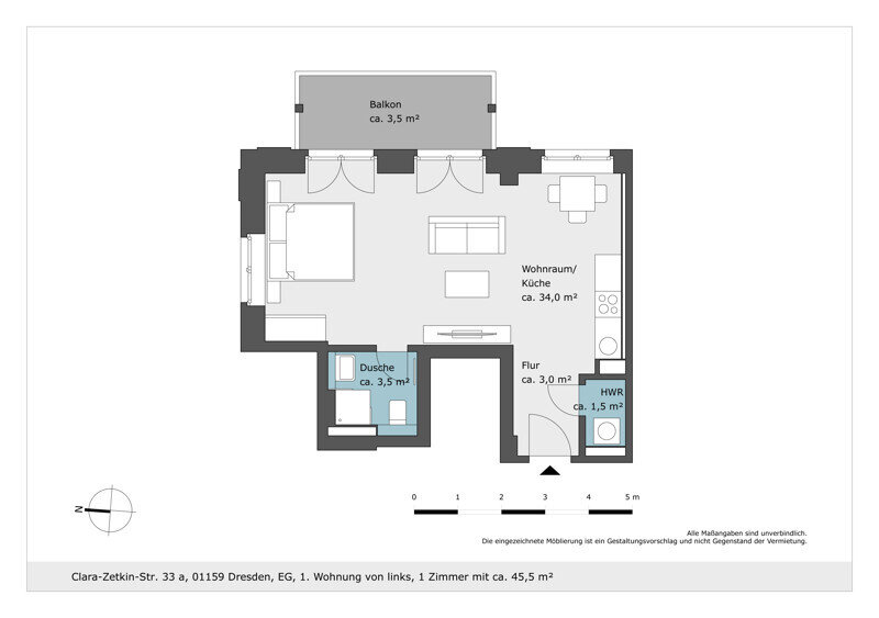 Wohnung zur Miete 657 € 1 Zimmer 45,3 m²<br/>Wohnfläche Clara-Zetkin-Str. 33a Löbtau-Süd (Zauckeroder Str.) Dresden 01159