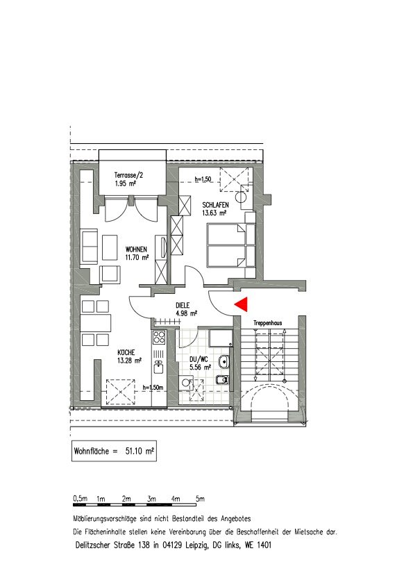 Wohnung zur Miete 919 € 2 Zimmer 51,1 m²<br/>Wohnfläche 4.<br/>Geschoss 01.02.2025<br/>Verfügbarkeit Delitzscher Straße 138 Eutritzsch Leipzig 04129