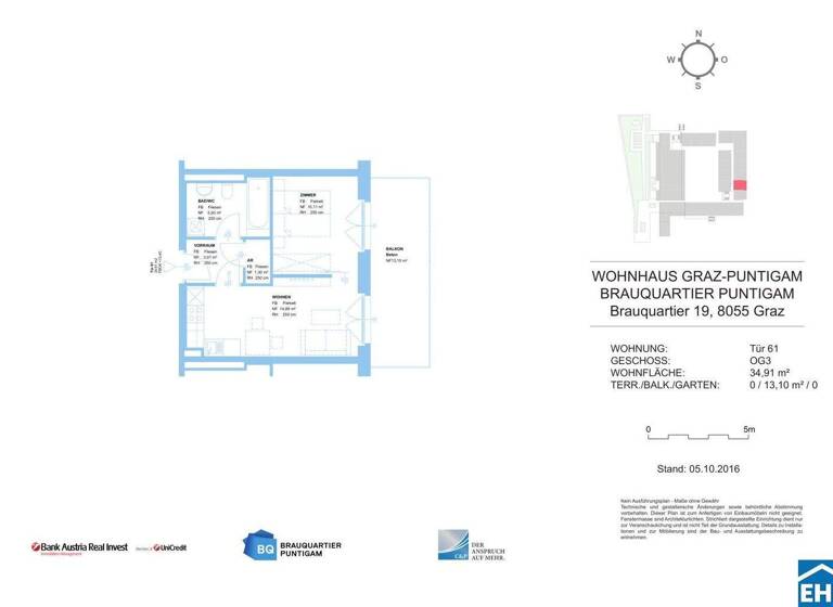 Wohnung zur Miete 461 € 2 Zimmer 34,9 m² 3. Geschoss frei ab 01.04.2026 Brauquartier Puntigam Graz 8055