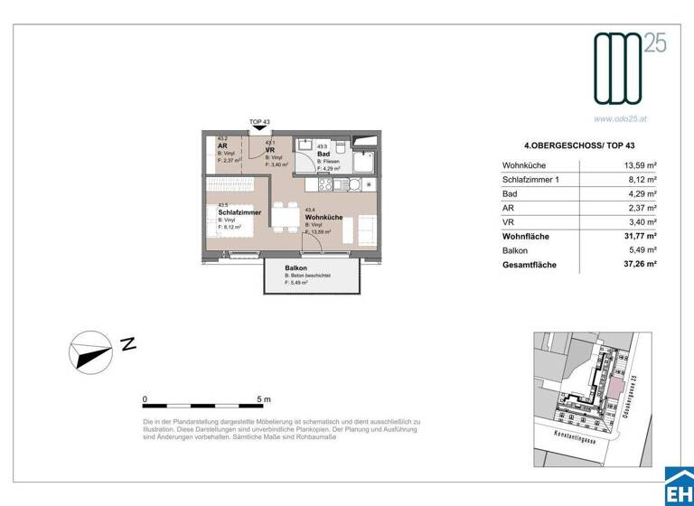 Wohnung zur Miete - Erstbezug 677 € 1,5 Zimmer 31,8 m² 4. Geschoss frei ab 01.07.2026 Odoakergasse 25 Wien 1160