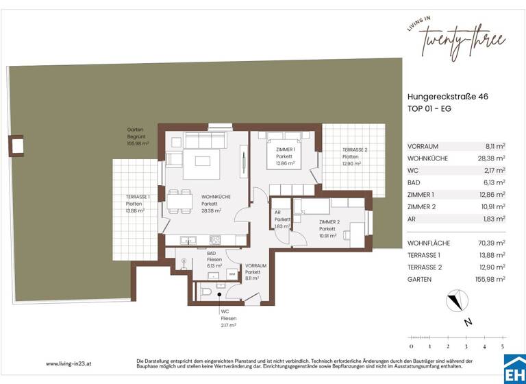 Wohnung zum Kauf - Erstbezug 455.930 € 3 Zimmer 70,4 m² EG Hungereckstraße Wien 1230