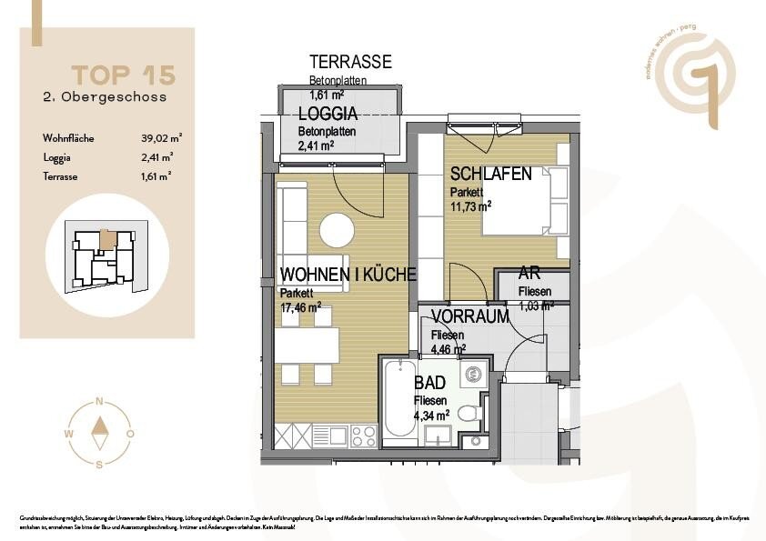 Wohnung zum Kauf 184.000 € 2 Zimmer 39 m²<br/>Wohnfläche 2.<br/>Geschoss Gartenstraße 1 Perg 4320