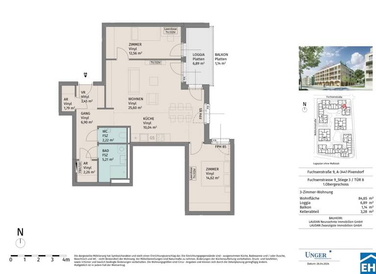 Wohnung zur Miete - Erstbezug 887 € 3 Zimmer 84,7 m² 1. Geschoss Fuchsenstraße Pixendorf 3451