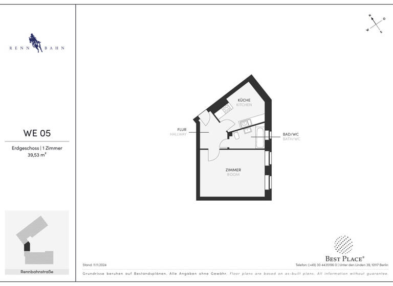 Wohnung zum Kauf 175.000 € 1 Zimmer 39,5 m²<br/>Wohnfläche EG<br/>Geschoss Rennbahnstrasse 25 Weißensee Berlin 13086