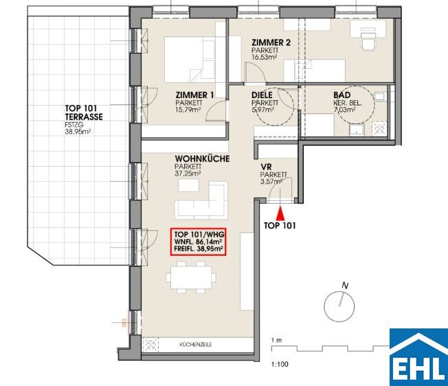 Wohnung zur Miete 1.028 € 3 Zimmer 86,1 m²<br/>Wohnfläche 1.<br/>Geschoss Marienring Haslau-Maria Ellend 2402