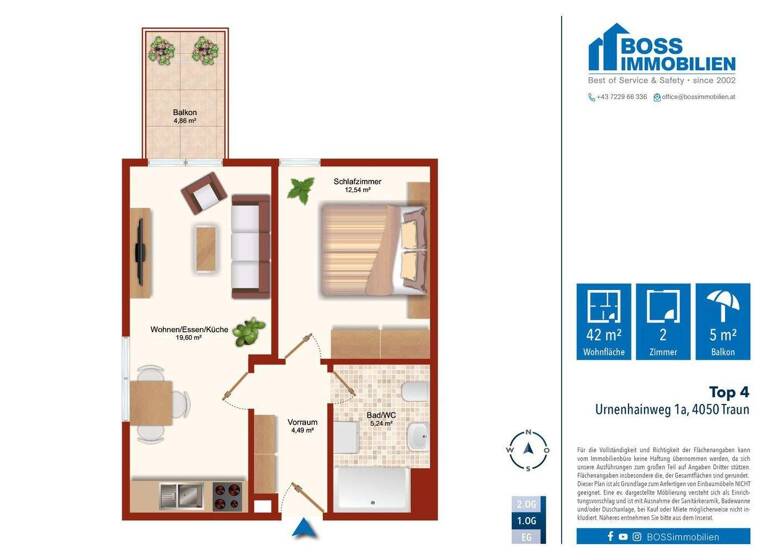 Wohnung zur Miete 458 € 2 Zimmer 41,9 m² 1. Geschoss Urnenhainweg 1a Traun 4050