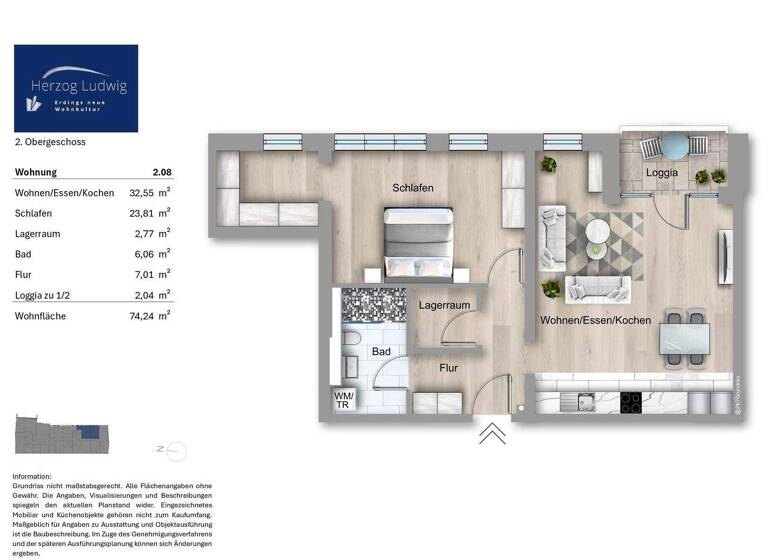 Wohnung zum Kauf provisionsfrei 589.900 € 2 Zimmer 74,2 m² 2. Geschoss Haager Straße 11 Erding 85435