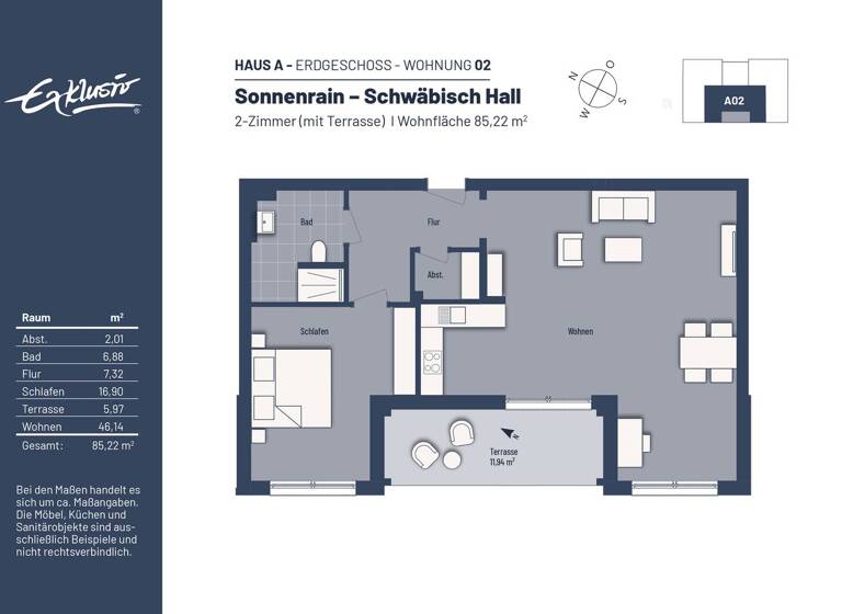 Wohnung zur Miete - Erstbezug 1.150 € 2 Zimmer 85,2 m² EG Emil-Leipersberger-Straße 11 Hessental Schwäbisch Hall 74523