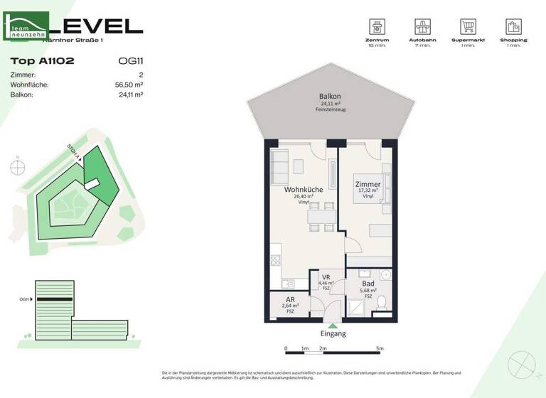 Wohnung zur Miete - Erstbezug 791 € 2 Zimmer 56,5 m² 11. Geschoss frei ab 01.05.2026 Kärntner Straße 1 Gries Graz 8020
