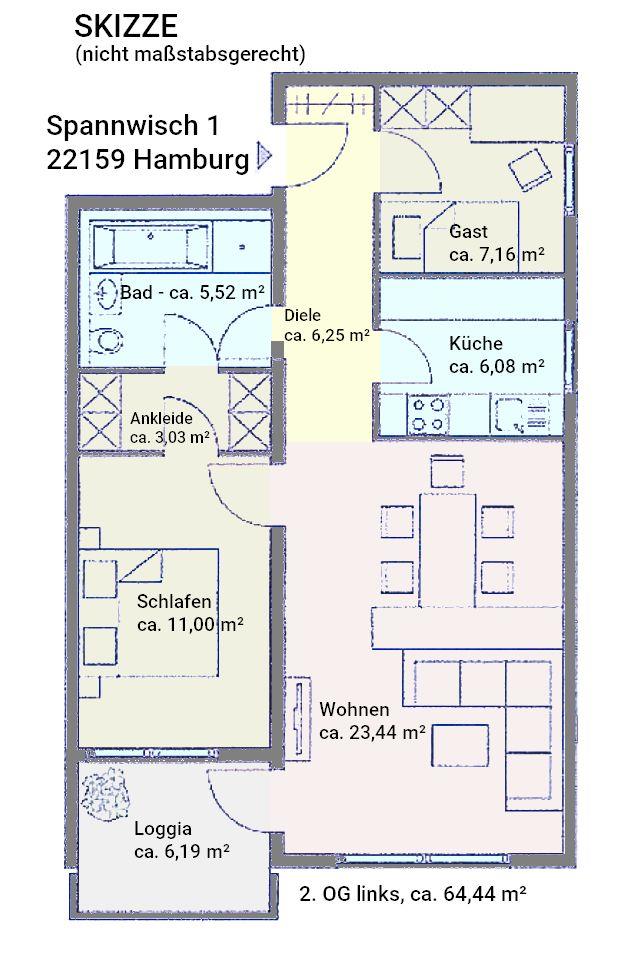 Wohnung zum Kauf 235.000 € 2 Zimmer 64,4 m²<br/>Wohnfläche Spannwisch 1 Farmsen - Berne Hamburg 22159