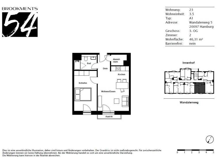Wohnung zur Miete 1.230 € 2 Zimmer 46,3 m² 3. Geschoss frei ab 01.04.2026 Wandalenweg 5 Hammerbrook Hamburg 20097