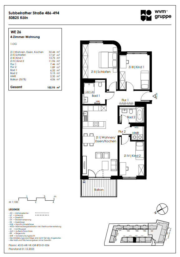 Wohnung zum Kauf provisionsfrei 652.555 € 4 Zimmer 103 m²<br/>Wohnfläche 1.<br/>Geschoss Subbelrather Str. 492b Ehrenfeld Köln 50825