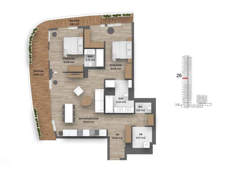 Wohnung zur Miete 3.640 € 3 Zimmer 101,3 m² 26. Geschoss Wagramer Straße 2 Wien 1220