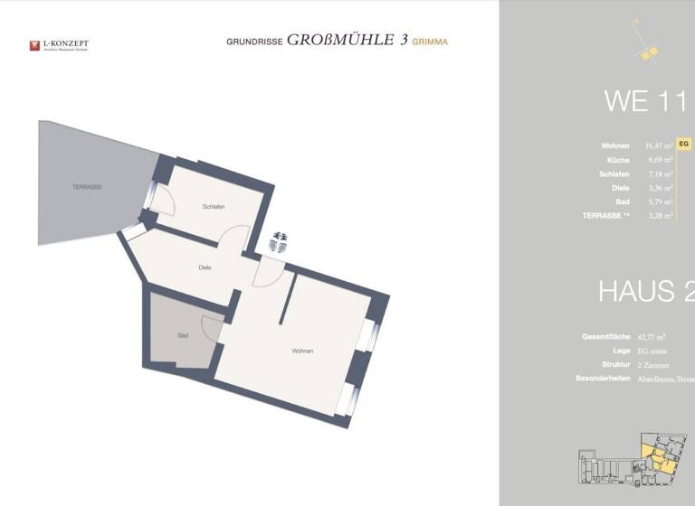 Terrassenwohnung zum Kauf 127.882 € 2 Zimmer 42 m² Grimma 04668