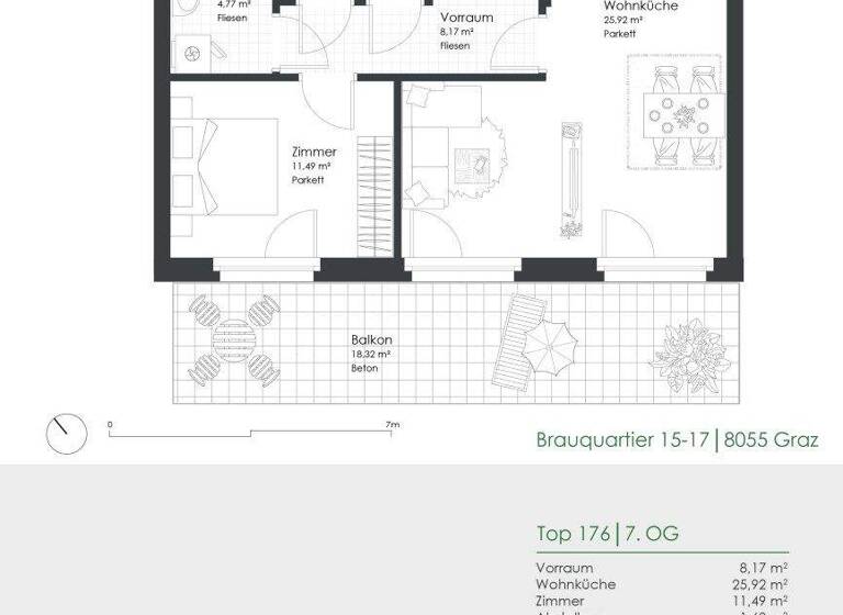 Wohnung zur Miete 575 € 2 Zimmer 53,4 m² 7. Geschoss Brauquartier 15-17 Puntigam Graz 8055