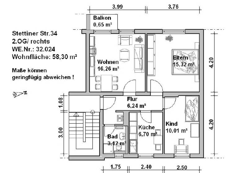 Wohnung zur Miete 750 € 3 Zimmer 58,3 m² frei ab sofort Stettiner Str. 34 Innenstadt Minden 32427