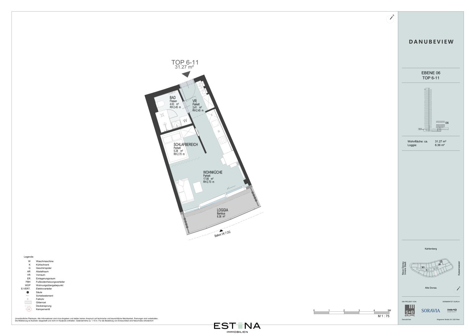 Wohnung zur Miete 692 € 1 Zimmer 31,3 m²<br/>Wohnfläche 6.<br/>Geschoss Wagramer Straße Wien 1220