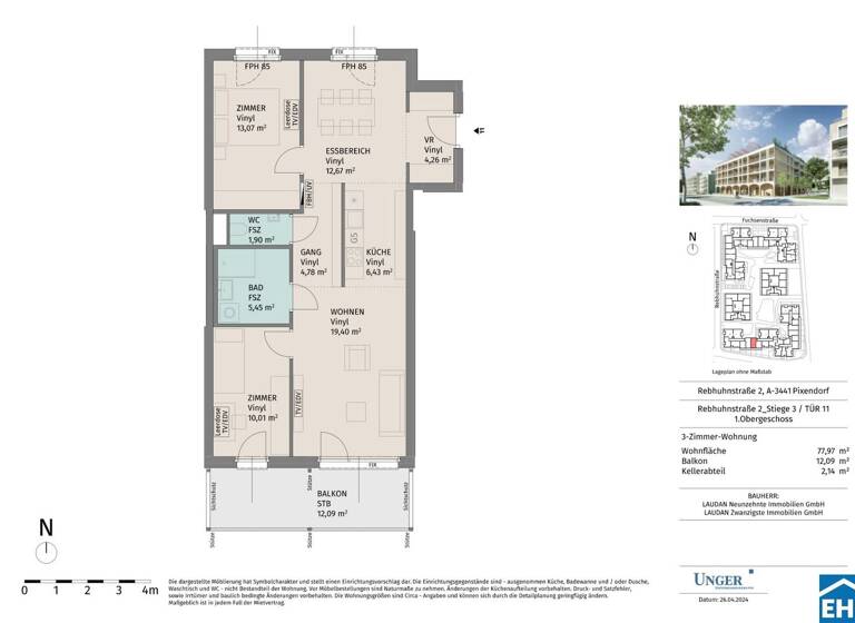 Wohnung zur Miete - Erstbezug 779 € 3 Zimmer 78 m² 1. Geschoss Rebhuhnstraße Pixendorf 3451