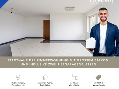 Wohnung zum Kauf 273.000 € 3 Zimmer 87,8 m² 2. Geschoss Zeppelinstraße 41 Bad Säckingen Bad Säckingen 79713