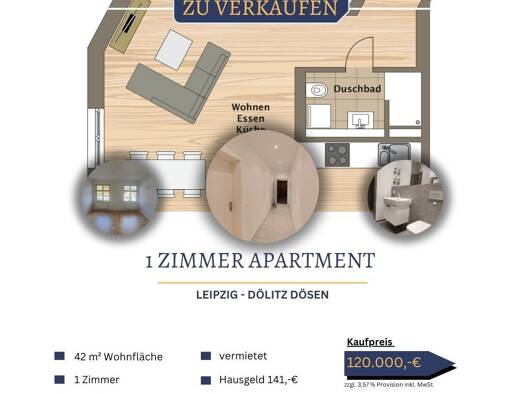 Wohnung zum Kauf 120.000 € 1 Zimmer 42 m² 1. Geschoss frei ab sofort Dölitz-Dösen Süd 04279