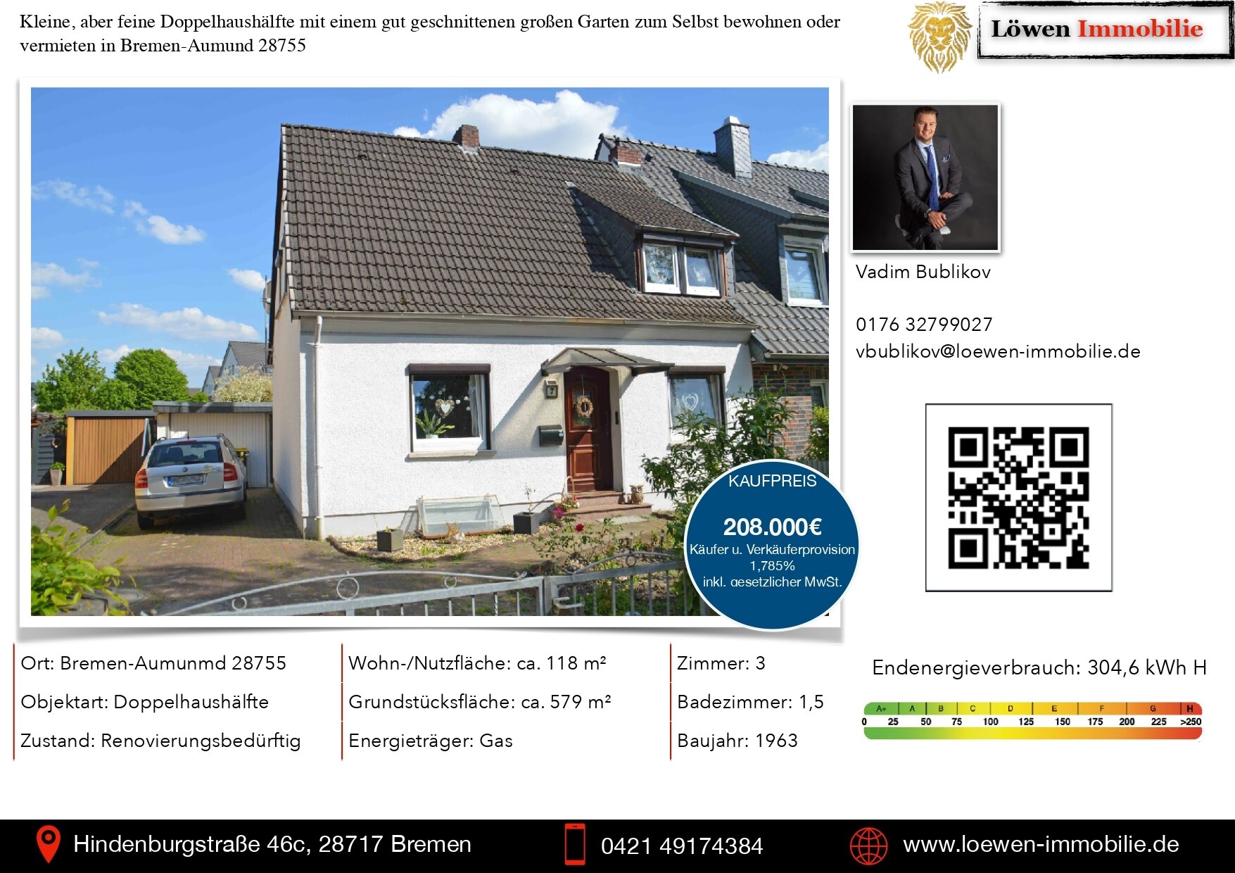 Doppelhaushälfte zum Kauf als Kapitalanlage geeignet 185.000 € 3,5 Zimmer 74,7 m²<br/>Wohnfläche 579 m²<br/>Grundstück Aumund - Hammersbeck Bremen 28755