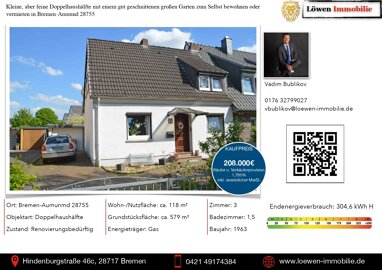 Doppelhaushälfte zum Kauf als Kapitalanlage geeignet 185.000 € 3,5 Zimmer 74,7 m² 579 m² Grundstück Aumund - Hammersbeck Bremen 28755