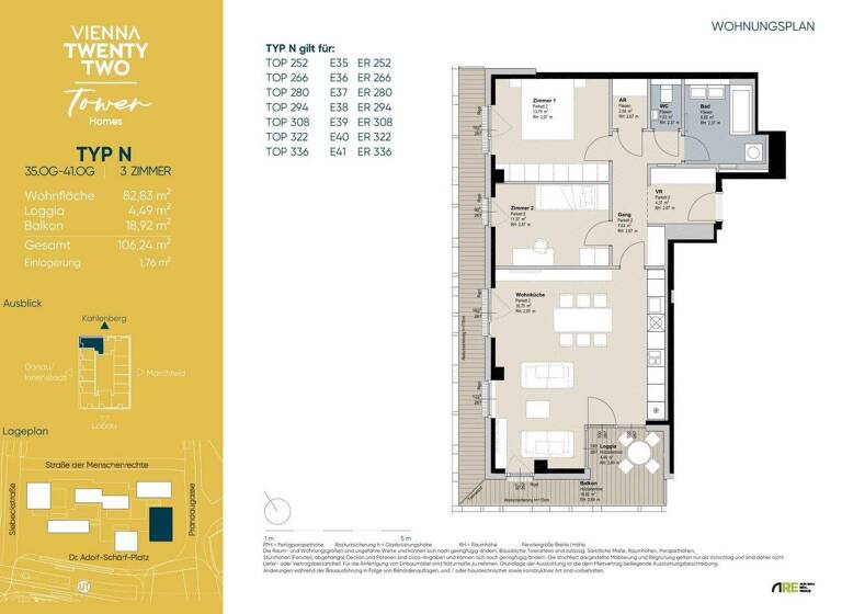 Wohnung zur Miete - Erstbezug 1.678 € 3 Zimmer 82,8 m² 35. Geschoss frei ab 01.04.2026 Dr.-Adolf-Schärf-Platz 10 Wien 1220