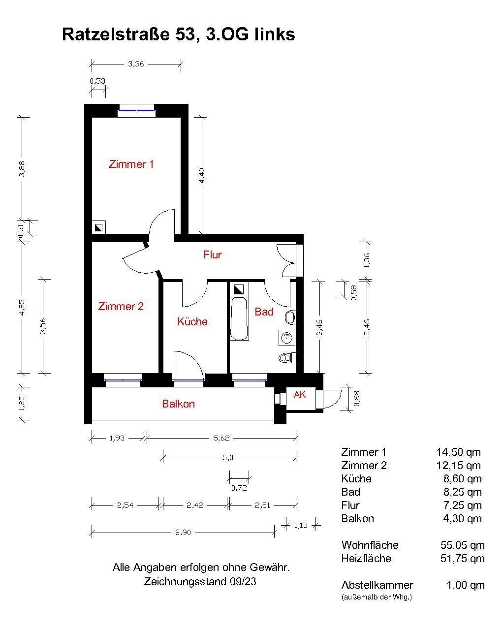 Wohnung zur Miete 341 € 2 Zimmer 55,1 m²<br/>Wohnfläche 3.<br/>Geschoss ab sofort<br/>Verfügbarkeit Ratzelstr. 53 Kleinzschocher Leipzig 04207