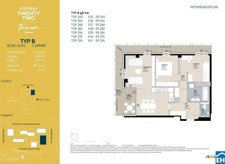Wohnung zur Miete - Erstbezug 1.476 € 3 Zimmer 74,5 m² 39. Geschoss frei ab 01.04.2026 Wien 1220