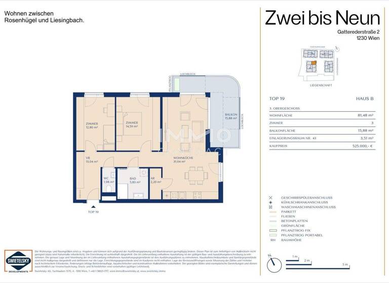 Wohnung zum Kauf - Erstbezug provisionsfrei 525.000 € 3 Zimmer 81,5 m² 3. Geschoss Wien 1230