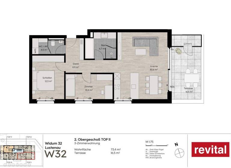 Terrassenwohnung zum Kauf - Erstbezug 600.000 € 3 Zimmer 74 m² 2. Geschoss Widum 32 Lustenau 6890
