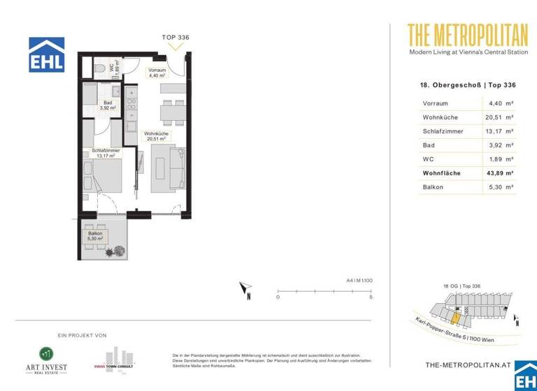 Wohnung zur Miete 781 € 2 Zimmer 43,9 m² 18. Geschoss frei ab sofort Wien 1100