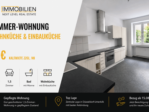 Wohnung zur Miete 595 € 1,5 Zimmer 43 m² 4 Geschosse frei ab 15.08.2026 Kronenstraße 61 Unterbilk Stadtbezirk 3 40217