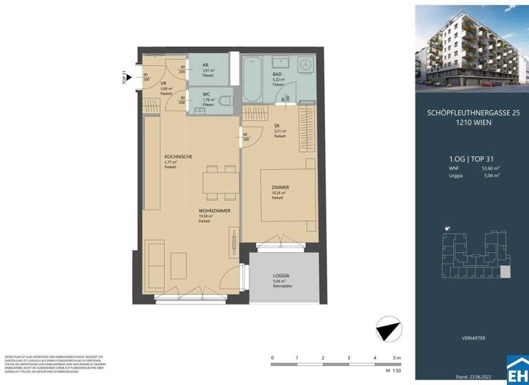 Wohnung zur Miete 921 € 2 Zimmer 53,6 m² 1. Geschoss frei ab 01.04.2026 Schöpfleuthnergasse Wien 1210
