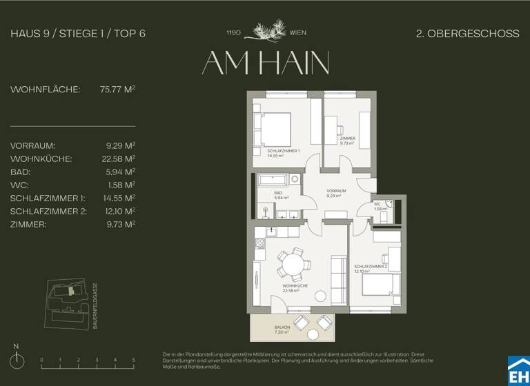Wohnung zum Kauf - Erstbezug 729.000 € 4 Zimmer 75,8 m² 2. Geschoss Bauernfeldgasse Wien 1190