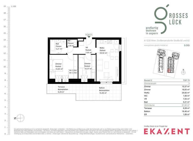 Wohnung zur Miete 1.029 € 3 Zimmer 61,9 m² 5. Geschoss Wien 1220