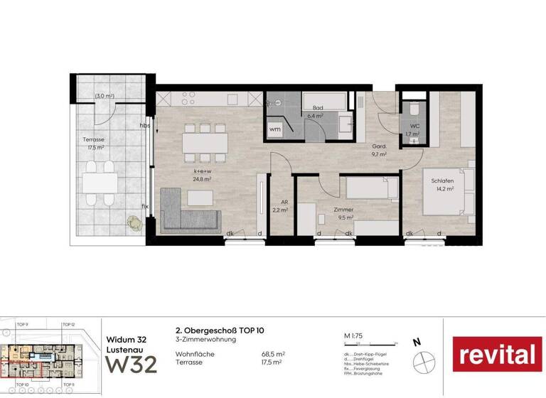 Terrassenwohnung zum Kauf - Erstbezug 559.000 € 3 Zimmer 69 m² 2. Geschoss Widum 32 Lustenau 6890
