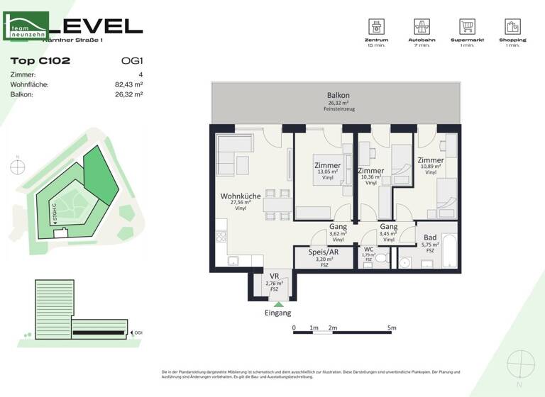 Wohnung zur Miete - Erstbezug 975 € 4 Zimmer 82,4 m² 1. Geschoss frei ab 01.05.2026 Kärntner Straße 1 Gries Graz 8020