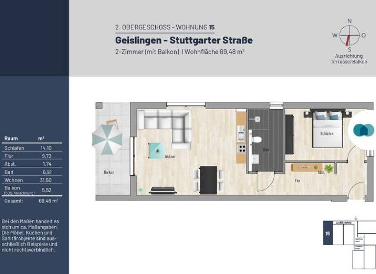 Studio zur Miete - Erstbezug 809 € 2 Zimmer 69,6 m² 2. Geschoss frei ab 16.03.2026 Stuttgarter Straße 45 Geislingen Geislingen an der Steige 73312
