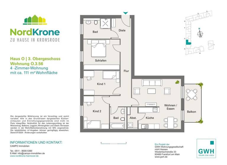 Wohnung zur Miete 1.729 € 4 Zimmer 111,4 m² 3. Geschoss frei ab sofort Kattenbrookstrift 74 Bemerode Hannover 30539