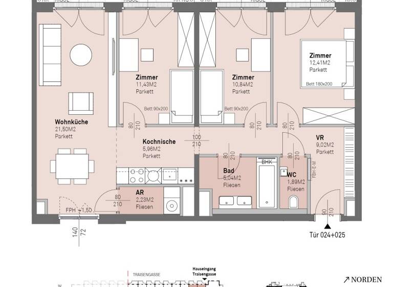 Wohnung zum Kauf - Erstbezug 531.800 € 4 Zimmer 80,3 m² 2. Geschoss frei ab 30.06.2028 Traisengasse 20-22 Wien 1200