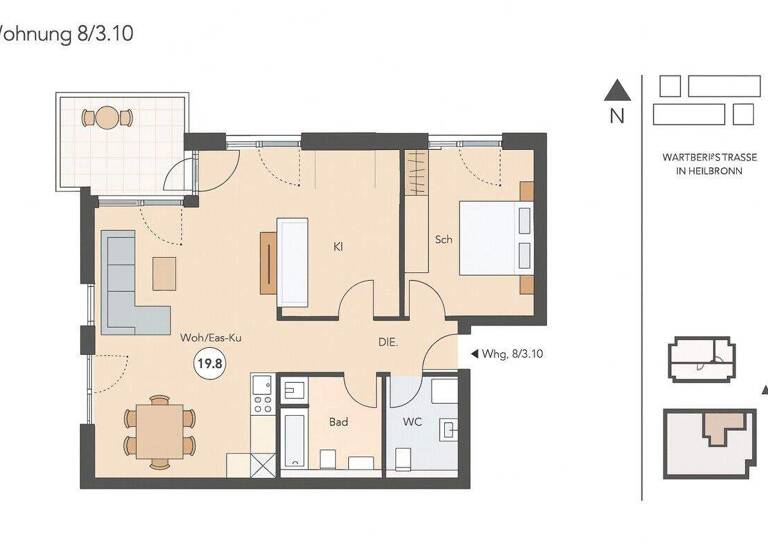 Wohnung zur Miete 1.390 € 3 Zimmer 86,8 m² 2. Geschoss frei ab sofort Wartbergstraße 8/3 Heilbronn 74076