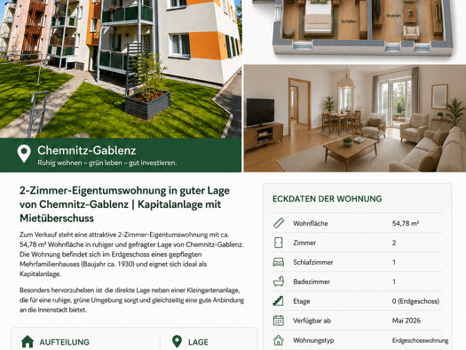 Wohnung zum Kauf 52.000 € 2 Zimmer 54,8 m² frei ab sofort Gablenz Gablenz 09126