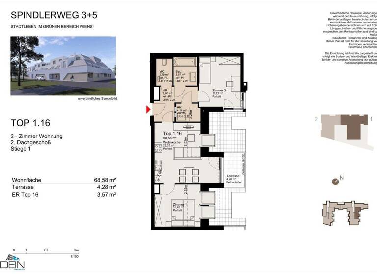 Wohnung zur Miete - Erstbezug 935 € 3 Zimmer 68,6 m² Spindlerweg 3 Wien 1220